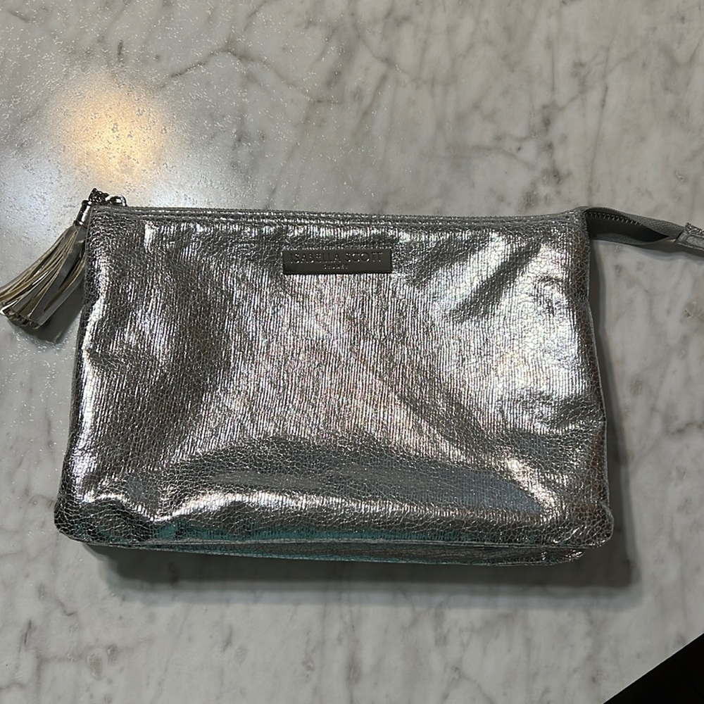 Silver Metallic Large Triple Compartment Cosmetic Case